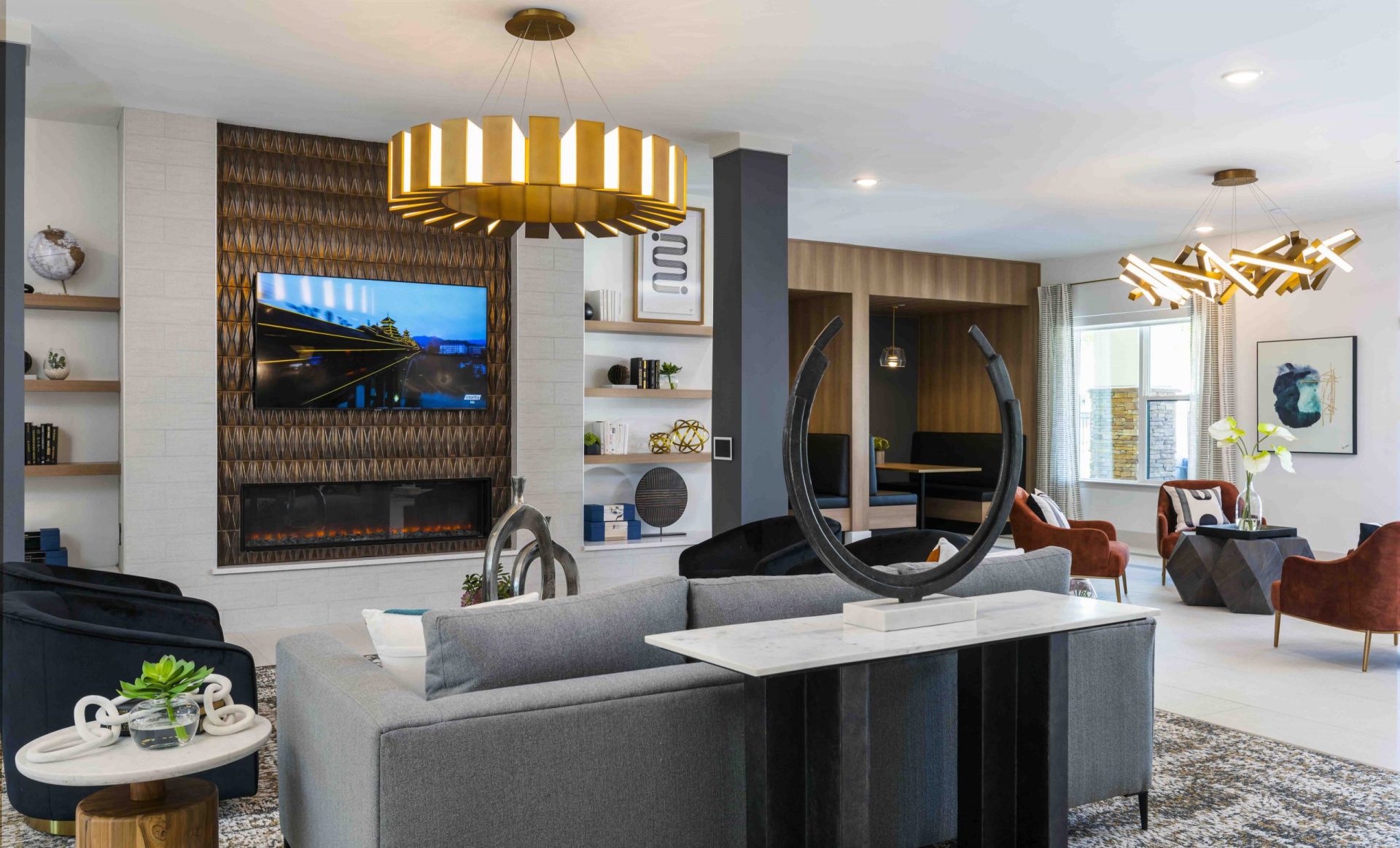 01   Avila First Floor Club   Fireplace and Booth Wide View